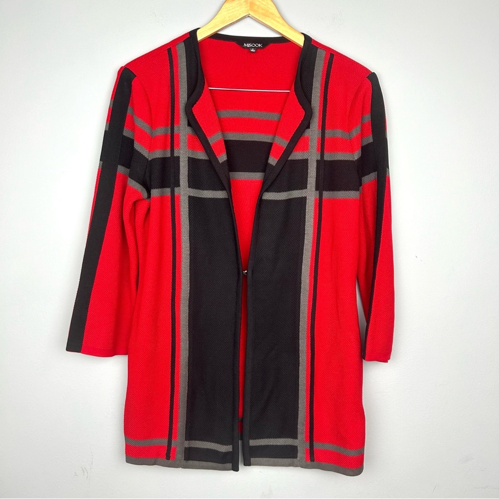 Misook Red & Black Open-Front Plaid Cardigan Sweater Jacket